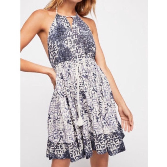 Free People Dresses & Skirts - Free People Floral Mini Beach Day Dress Backless Halter Top Round Blue/White S